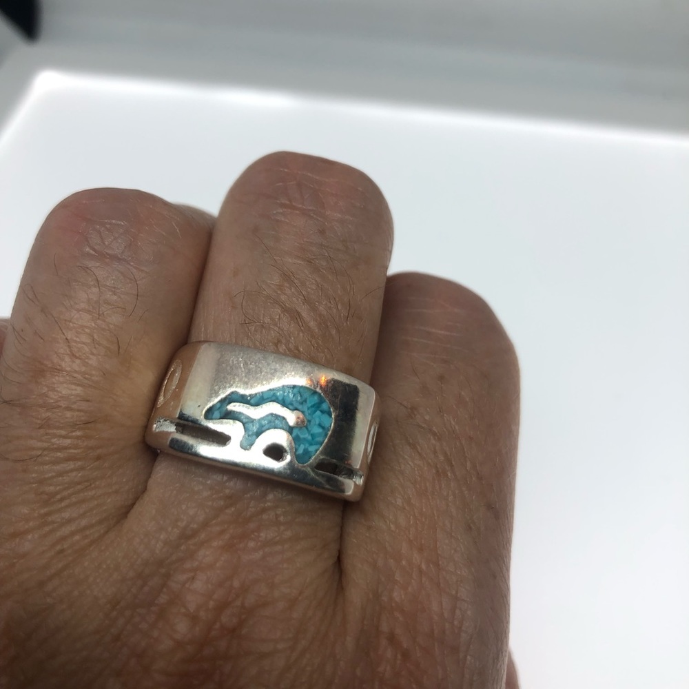 VINTAGE TURQUOISE INLAY BEAR MENS RING
